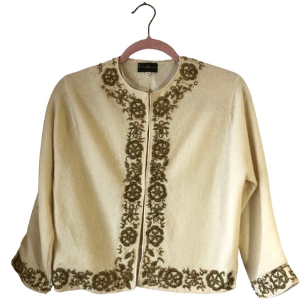 Vintage rockabilly cashmere hand beaded cream cardigan sweater